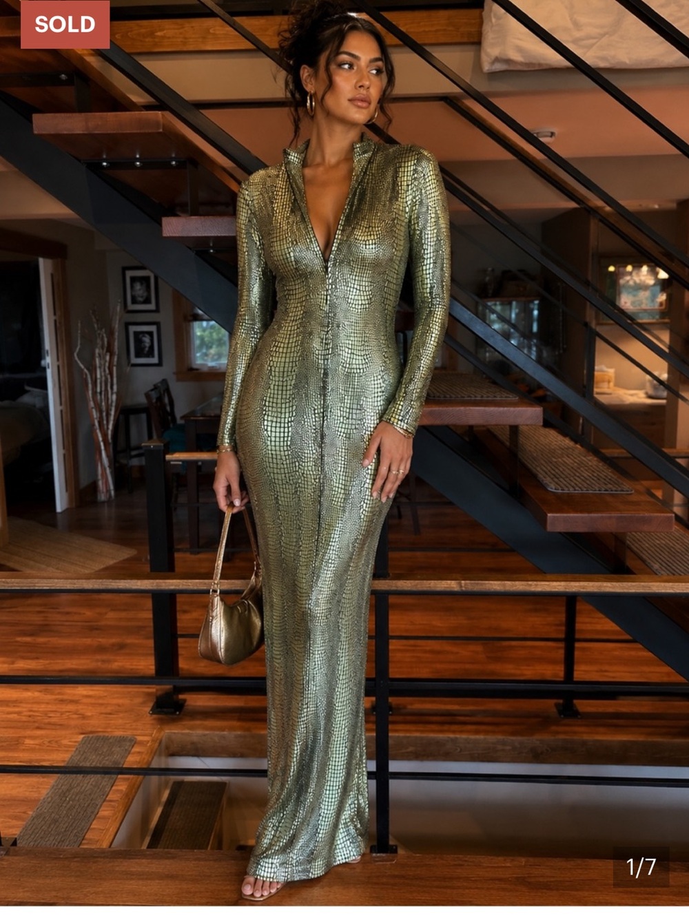 Metallic Snake Print Maxi Dress Deep V Glam Bodycon Party Dress